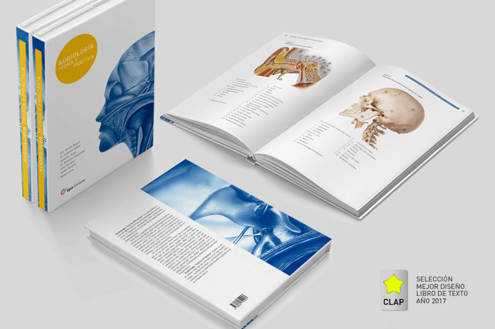 Premio Clap diseño de un pryector editorial. Audiología Teoría y Práctica.